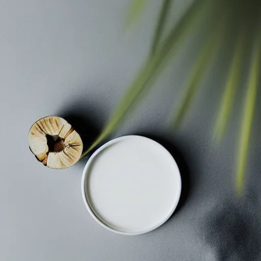 Prompt: centered white perfume bottle next to halved - coconuts, with white crisp zen modern minimalist bacgkround, illumination lighting, sharp focus, vogue, hartper's bazaar