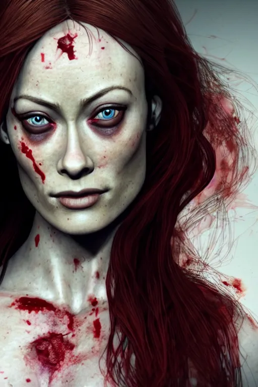 Image similar to pale woman covered with blood, olivia wilde face!!!, red hair, skeleton tattoo!, close up portrait, highly detailed face, ultra realistic, concept art, intricate details, 4 5 mm. photorealistic, octane render, 8 k, unreal engine. film still, heavy grain, 3 5 mm, art by artgerm and greg rutkowski and alphonse mucha