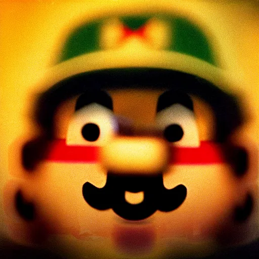 Prompt: 12mm pentax k1000 macro photograph, grainy abstract experimental expired film photo, of real human Video Game Character Super Mario, angry in the 1960s