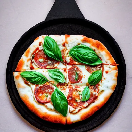 Prompt: A super realistic photograph of a Neapolitan pizza with mozzarella di buffala and basil leaves cooked in a wood fire