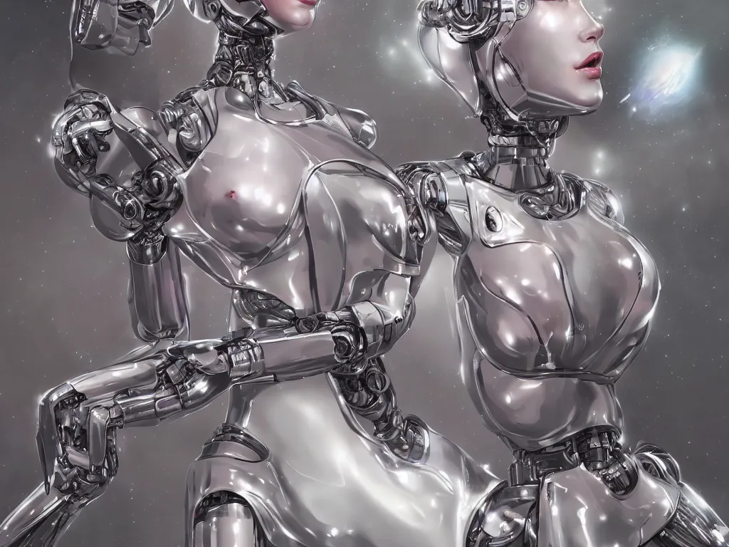 Prompt: a pretty female robot posing inside a chrome spaceship, artistic composition, art style of hajime sorayama, cinematic, highly detailed, sharp focus, intricate concept art, digital painting, colorful flat surreal design, hd, 8 k, artstation, ambient lighting