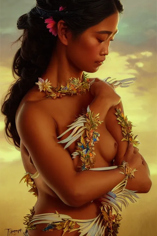 Image similar to body portrait of hawaiian princess wearing a lea, by terry o'neill intricate, elegant, highly detailed, digital painting, glistening skin, artstation, concept art, smooth, sharp focus, contrasting lighting, bright colors, dark background, illustration, art by artgerm and greg rutkowski and alphonse mucha, 8 k