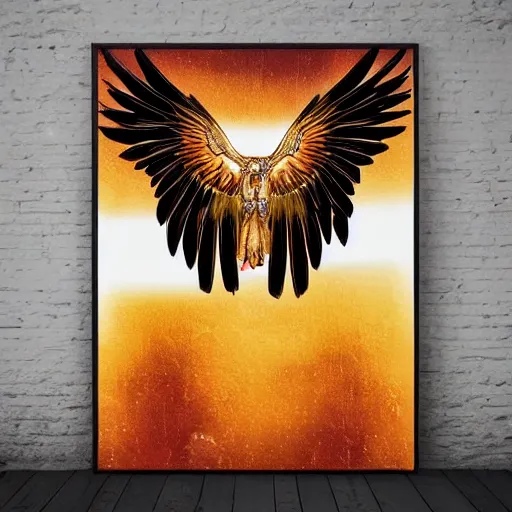 Image similar to eagle wing, glam rock, golden hour, sumerian wall art