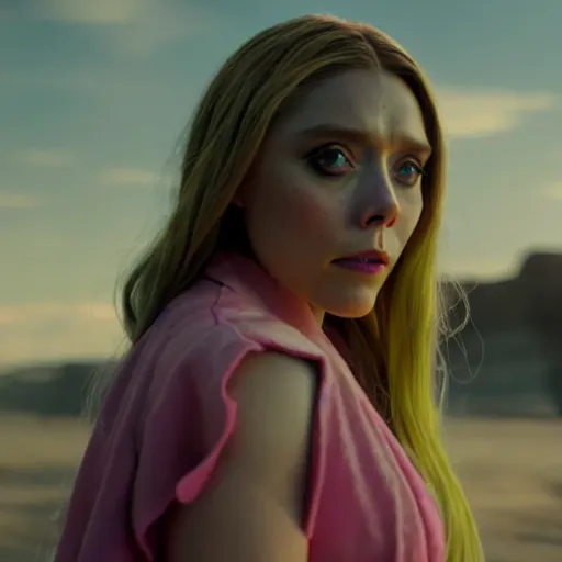 Image similar to cinematic scene with elizabeth olsen as jolyne from jojo's bizarre adventure, live action film, stone ocean, dramatic, small details, volumetric lighting, still frame