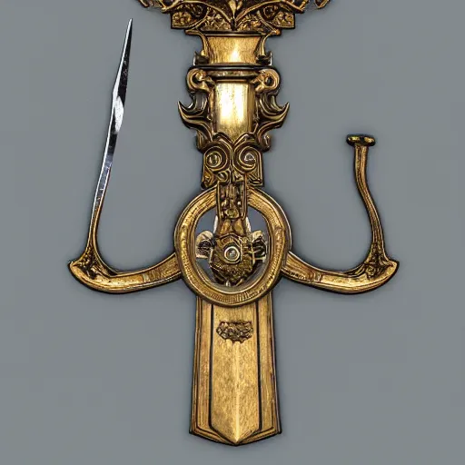 Image similar to sword of justice hanging on a wall, ornate gem in pommel