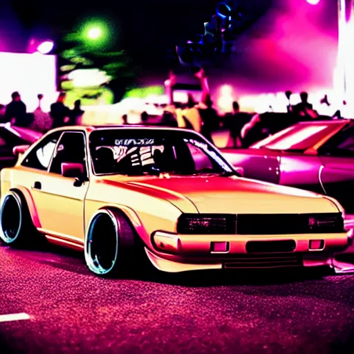 Prompt: a car S30 turbo drift at illegal car meet, Kanagawa prefecture, midnight mist lights, cinematic color, photorealistic, highly detailed wheels, highly detailed