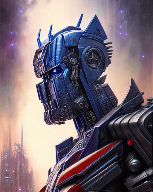 Image similar to optimus prime fantasy character portrait, ultra realistic, wide angle, intricate details, blade runner artifacts, highly detailed by peter mohrbacher, boris vallejo, hajime sorayama aaron horkey, gaston bussiere, craig mullins