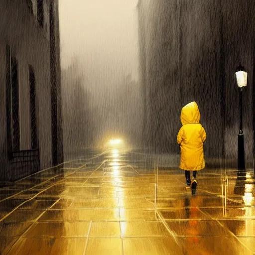 Image similar to A small child wearing a yellow rain coat walking alone in a dark alley,it is raining heavily, scary atmosphere,gloomy lighting, painting , highly detailed , high contrast, beautiful lighting, award winning , trending on art station, 8k, photo realistic