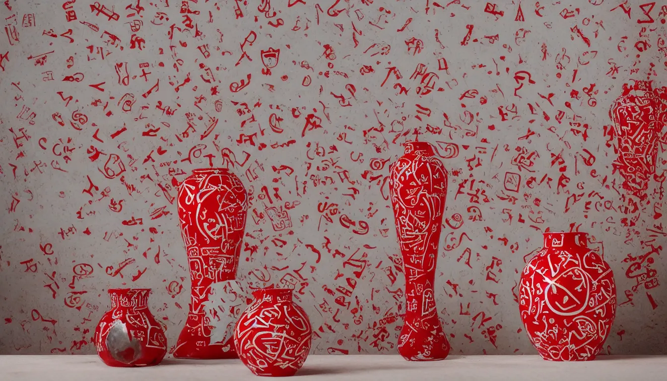 Prompt: beautiful red and white vase covered in occult glyphs that are glowing with a malevolent energy