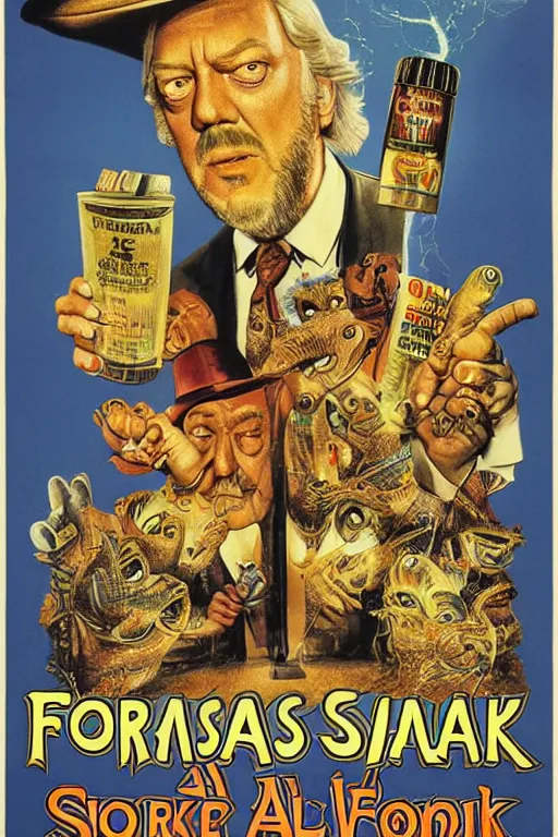 Image similar to poster for the 1 9 8 7 movie'formosan snake oil ', directed by federico fellini, starring donald sutherland and uncle aloysius, poster by ed roth and basil wolverton ), crisp