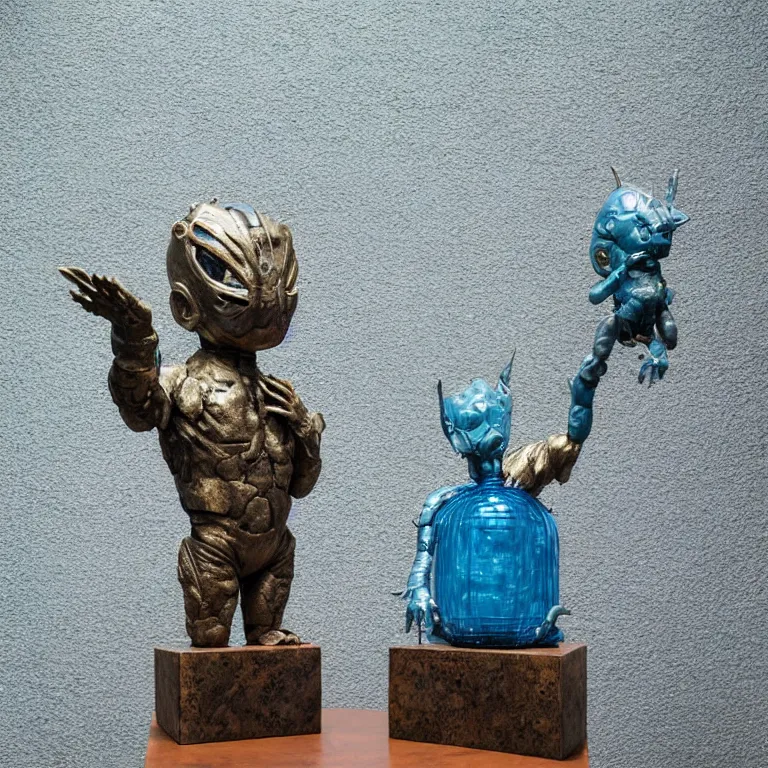 Prompt: hyperrealistic sculpture of a distressed bronze ancient fossilized chibi ultraman kaiju dusted with opalescent blue spraypaint and ferns in a nylon grid cage on a pedestal by ron mueck and duane hanson and lee bontecou, hyperrealistic dramatic colored lighting trending on artstation 8 k