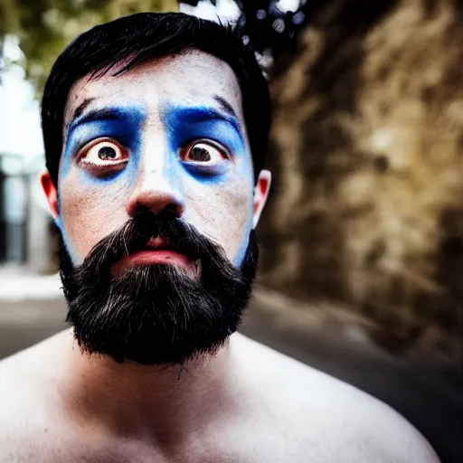 Image similar to fish eye lens close up photograph of a man with blue skin and a goatee side eyeing the camera with a sympathetic look