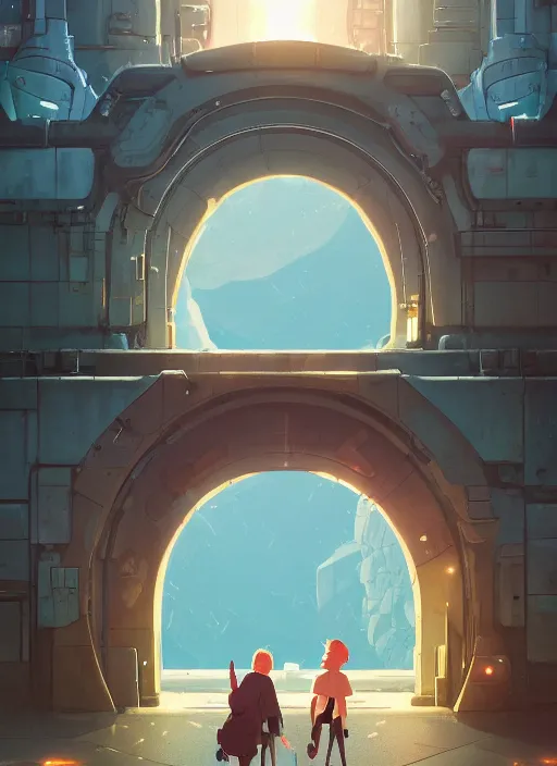 Image similar to warm canyon with giant gate entrance, nuclear powered, detailed, futuristic, cory loftis, james gilleard, atey ghailan, makoto shinkai, goro fujita, studio ghibli, rim light, exquisite lighting, clear focus, very coherent, plain background