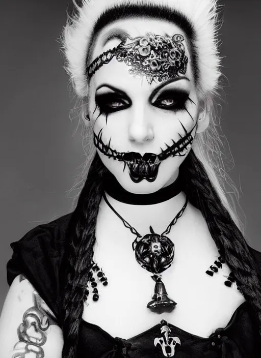 Image similar to black and white photo with a beautiful portrait of a goth girl with piercings in a collar with a mohawk hairstyle in a medieval dress. witch, true goth, makeup.