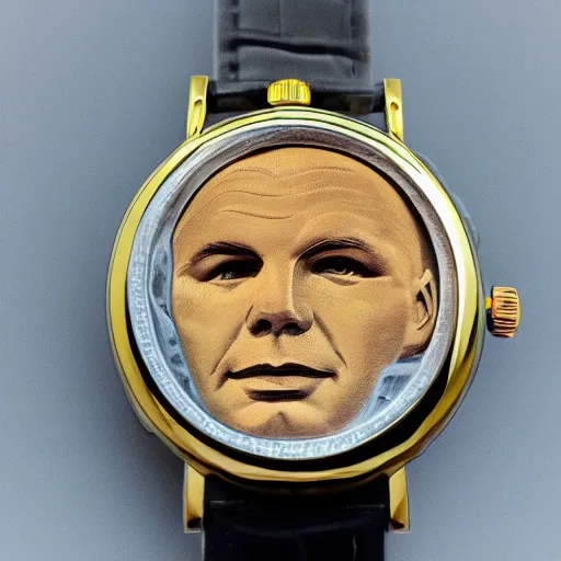 Image similar to watch, portrait of gagarin on the dial, gagarin, gagarin engraving, custom watc, gold silver, diamond, brilliant, super detailed, photorealistic, 8 k white background