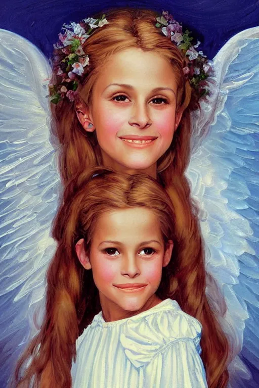 Image similar to angelic painting of young Julia Roberts, Norman Rockwell, oil painting, ethereal, cottage core, faerie, beautiful, loish,