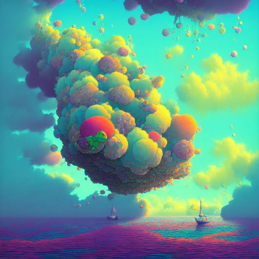 Image similar to sea cloud, summer morning, very coherent and colorful high contrast, art by! gediminas pranckevicius! geof darrow, pastel color, volumetric lighting, cinematic, floralpunk screen printing woodblock, dark shadows, hard lighting, stippling art