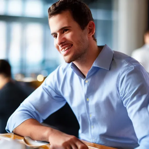 Image similar to head and shoulders male portrait of a young business professional, sitting down at a nice restaurant.