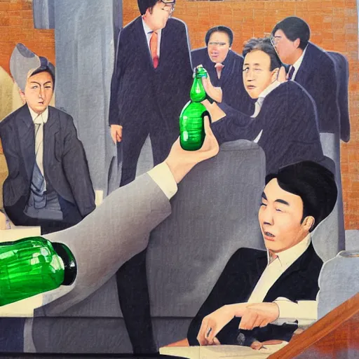 Prompt: korean business men drinking from green bottles by huskmitnavn