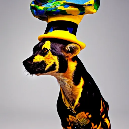 Image similar to A photo of the world's greatest showman: the african painted dog dressed in a hat!