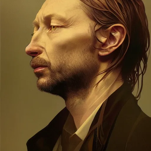 Prompt: hyper realistic, variations portrait of smooth very old thom yorke variations, strong variations, singer songwriter, ( side ) profile, liminal space, by lee bermejo, alphonse mucha and greg rutkowski, greybeard, smooth face