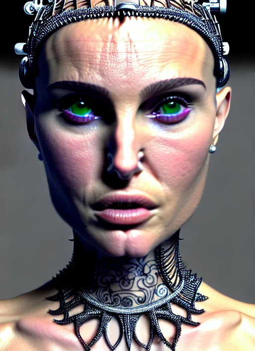 Prompt: portrait photograph of an absurdly beautiful, graceful, sophisticated, fashionable futuristic woman, facial piercings, natalie portman, heavy body modification, facial tattoos, prosthetic implants, hyperdetailed by popovy sisters, intricate linework, white porcelain skin, faberge, intricate chrome headdress, dark atmosphere, unreal engine 5 highly rendered, global illumination, radiant light, detailed and intricate environment