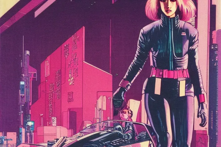 Prompt: 1979 OMNI Magazine Cover of Major Kusanagi with Pink hair and a leather jacket. neo-Tokyo streets behind her. in cyberpunk style by Vincent Di Fate