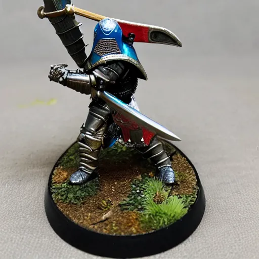 Image similar to mini of medieval english knight in full armor with sword riding a dinosaur in full armor, heavy cavalry, Asgard rising, 28mm scale