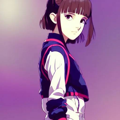 Image similar to a beautiful! boyish! natalie portman alluring gravure! model, wearing oversized mayan bomber jacket and leotard with overalls, bulky poofy bomber jacket with mayan patterns, gapmoe yandere grimdark, trending on pixiv fanbox, painted by greg rutkowski makoto shinkai takashi takeuchi studio ghibli, akihiko yoshida