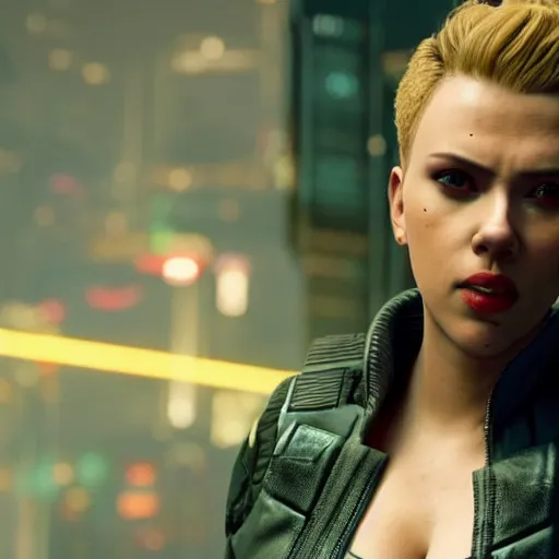 Prompt: scarlett johansson after a bad mission in Cyberpunk 2077. CP2077. 3840 x 2160