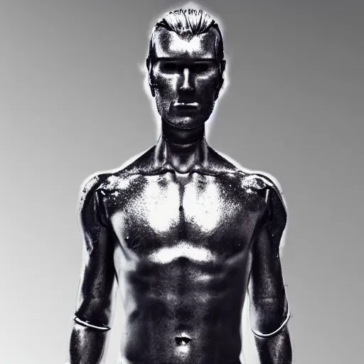 Image similar to “a realistic detailed photo of a guy who is an attractive humanoid who is half robot and half humanoid, who is a male android, twitch streamer and youtuber Ludwig Ahgren, shiny skin, posing like a statue, blank stare”