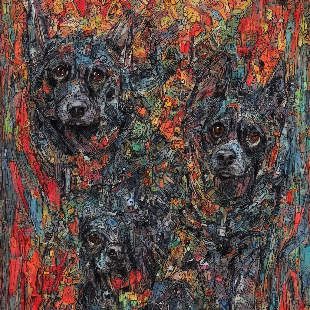 Prompt: painting of cute dog, full stature, in style of philippe druillet, photorealistic