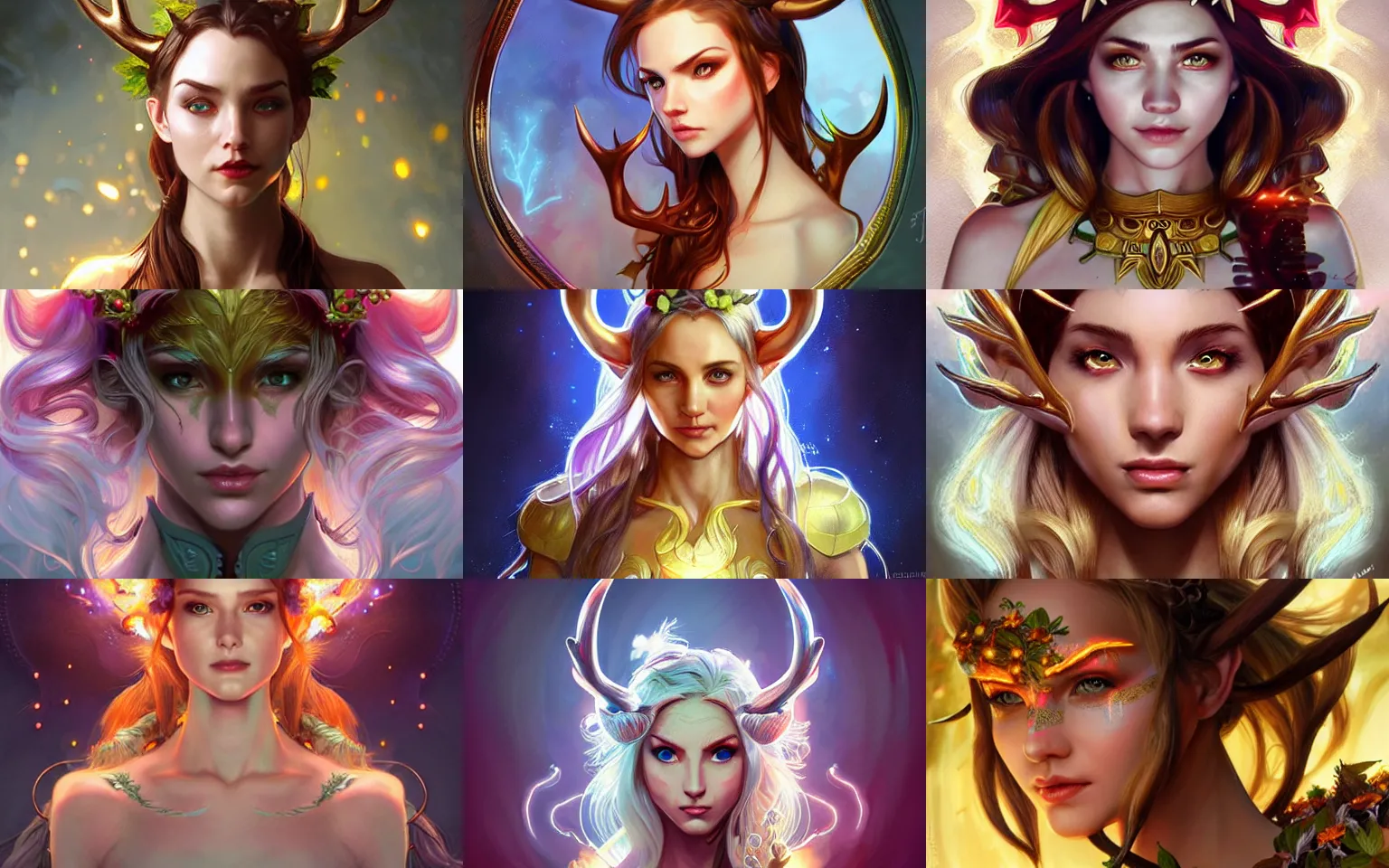 Prompt: character concept portrait, head - on centralized, elf with antlers, flowers, glowing golden eyes. detailed, high quality, dynamic lightning, fantasy. artwork by artgerm, wlop, alex ross, greg rutknowski, alphonse mucha