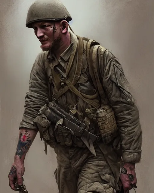 Image similar to tom hardy as a soldier in vietnam, wounded | | realistic shaded, fine details, fine - face, realistic shaded lighting painting by greg rutkowski, diego gisbert llorens, magali villeneuve, artgerm, jeremy lipkin, michael garmash, rob rey