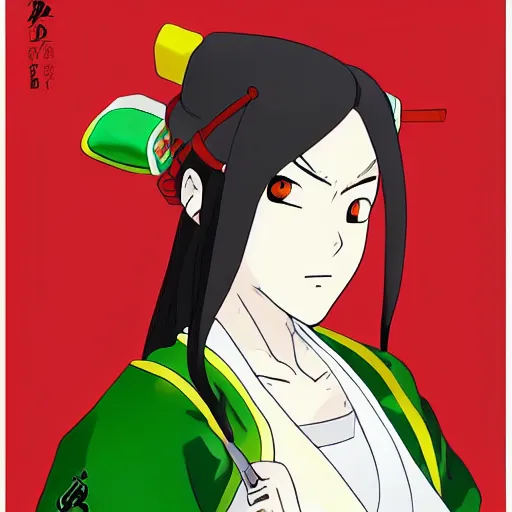 Prompt: a portait of a beautiful redheaded female ninja wearing an intricate green and red kimono, drawn in the style of the anime naruto by masashi kishimoto. artstation, trending, high quality, studio ghibli, by hayao miyazaki