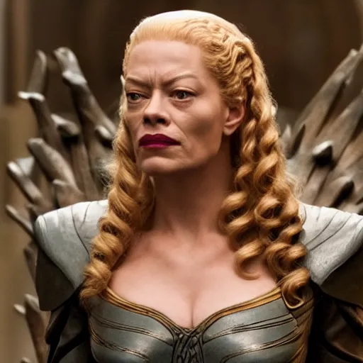 Prompt: seven of nine from star trek voyager sitting on the iron throne in kings landing from game of thrones, brown hair