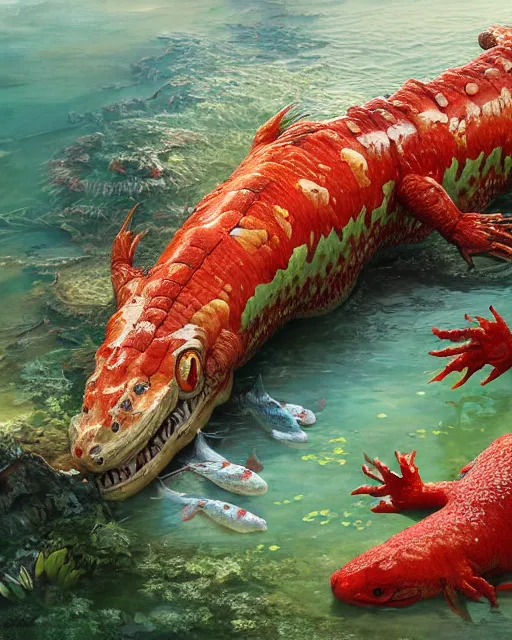 Image similar to game character beautiful giant kaiju sized pond dragon half fish half salamander, wet amphibious skin, red salamander, axolotl creature, koi pond, korean village by Ruan Jia and Gil Elvgren, fullbody