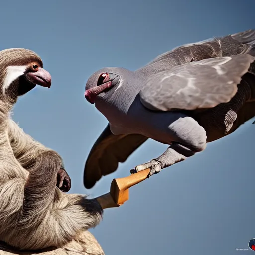 Image similar to sloth fighting a pigeon, aggressive sloth fighting a muscled pigeon, best photo award, high quality 8 k, cinematic lighting