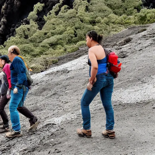 Image similar to photograph of people wearing jeans hiking to a volcano eruption