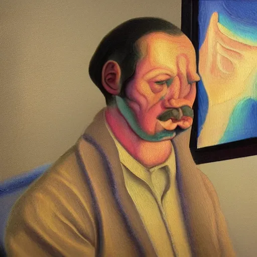 Prompt: An AI generated person having an existential crisis upon realizing they are AI generated, as an oil painting in the style of Thomas Hart Benton