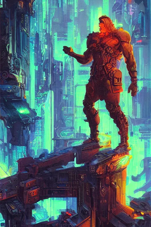 Prompt: a cyberpunk half length portrait of zeus, by paul lehr, jesper ejsing