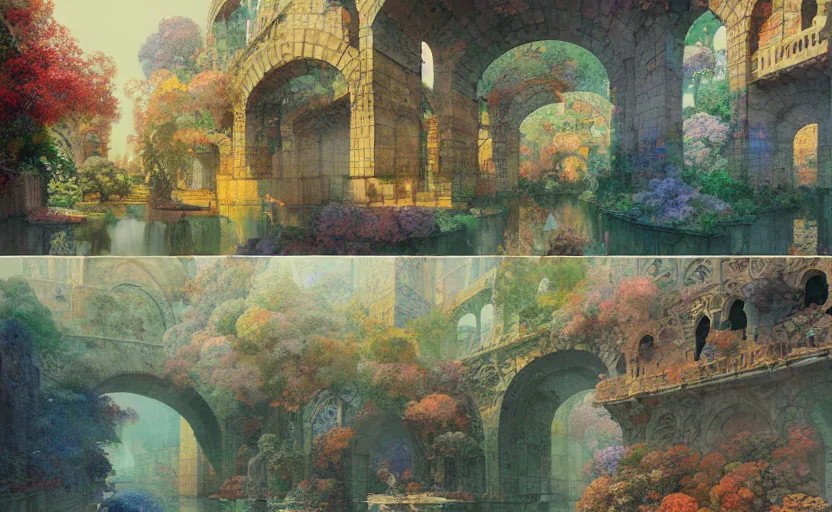 Image similar to tiled room squared waterway, aqueducts, fantasy. intricate, amazing composition, colorful watercolor, by ruan jia, by maxfield parrish, by marc simonetti, by hikari shimoda, by robert hubert, by zhang kechun, illustration, gloomy