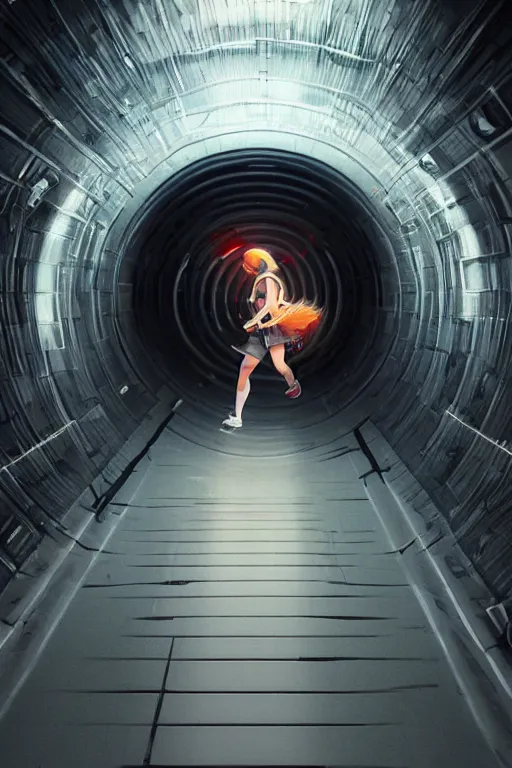 Image similar to cute girl running in hadron collider tunnel, by greg rutkowski and raymond swanland, sharp focus, trending on artstation, cinematic lighting