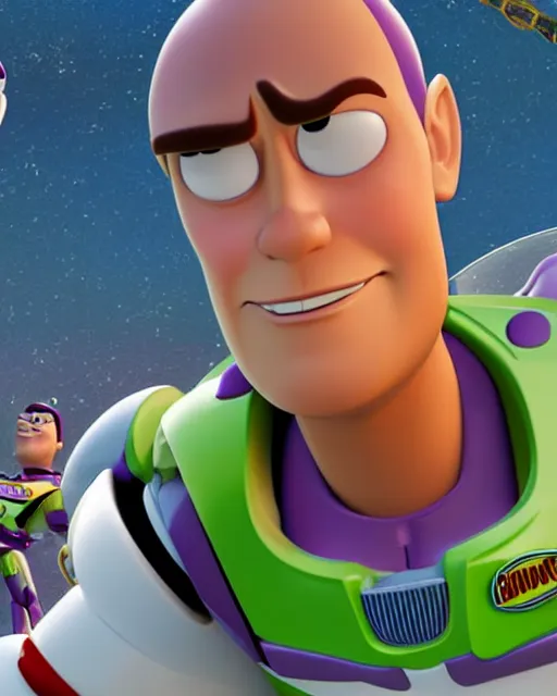 Image similar to Film still close-up shot of Dwayne Johnson as Buzz Lightyear in the movie Toy Story 3. Photographic, photography