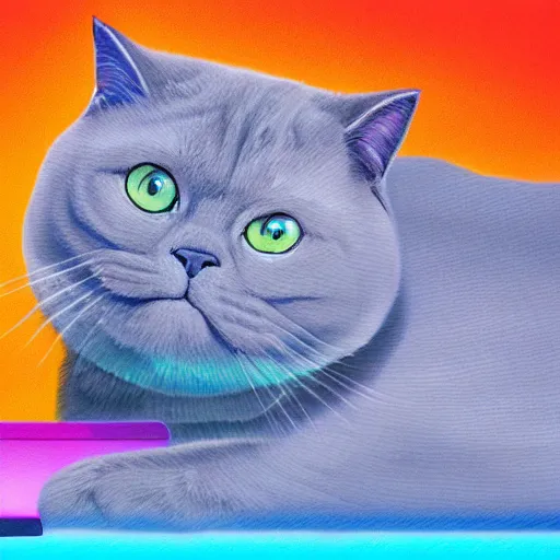 Prompt: portrait of a grey british shorthair cat sitting on wavy piano keyboard with musical notes in the background detailed colorful blue purple cyan luminescent airbrush oil painting in 4 k