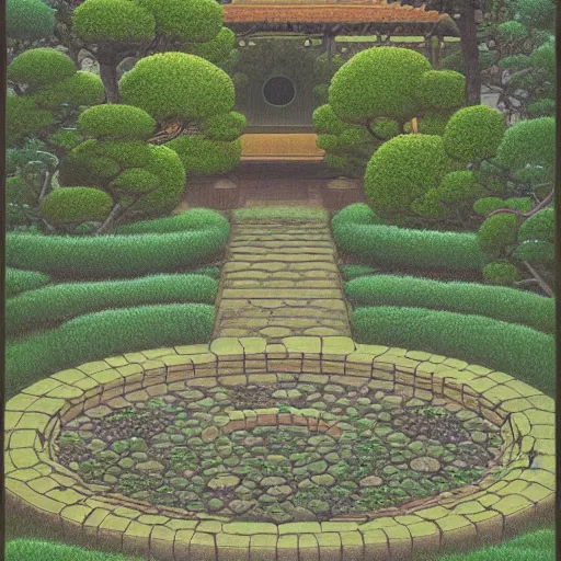 Prompt: a portal in a mysterious garden filled with spherical plants, artwork by Hasui Kawase, trending on art station