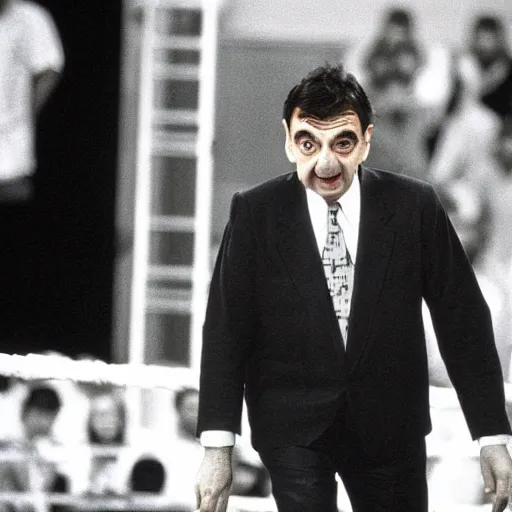 Prompt: 1990 photo of Mr Bean in WWE