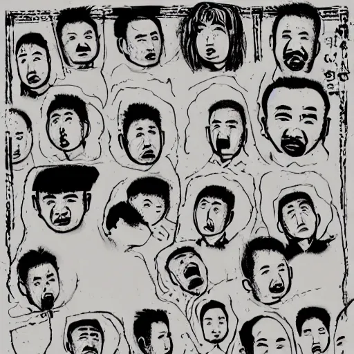 Image similar to uyghur Uighur men in a prison, heart kidney lungs, in the style of daniel johnston and outsider art, 4k, line brush, minimal, overlaid with chinese adverts and mandarin text