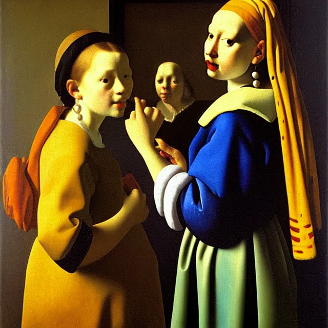 Image similar to a beautiful painting the cow is looking in the mirror, by jan vermeer a young girl with pearl earrings realistic oil painting