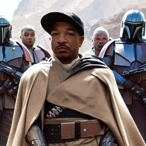 Prompt: Ja-rule appears as Moff Gideon in the Mandalorian, still, high quality